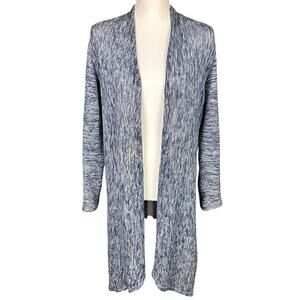 Chico's Cardigan Women Size 2 Large Blue White Space-Dyed High Low Open Casual